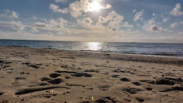 En strand med fodaftryk, der fører ned mod vandet, en klar himmel og solskin.