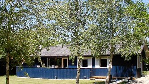 A building with a blue exterior, a fenced area in front, and a grassy lawn. - 6 Person Holiday Home in Hemmet (Hemmet)
