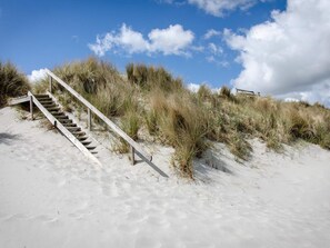 Un escalier menant au sommet d’une pente sablonneuse, où la végétation est clairsemée.