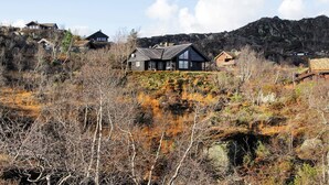 A house with a dark roof and multiple windows, surrounded by a natural landscape with sparse trees and a rocky hill in the background. - 10 Person Holiday Home in Aseral (Aseral)