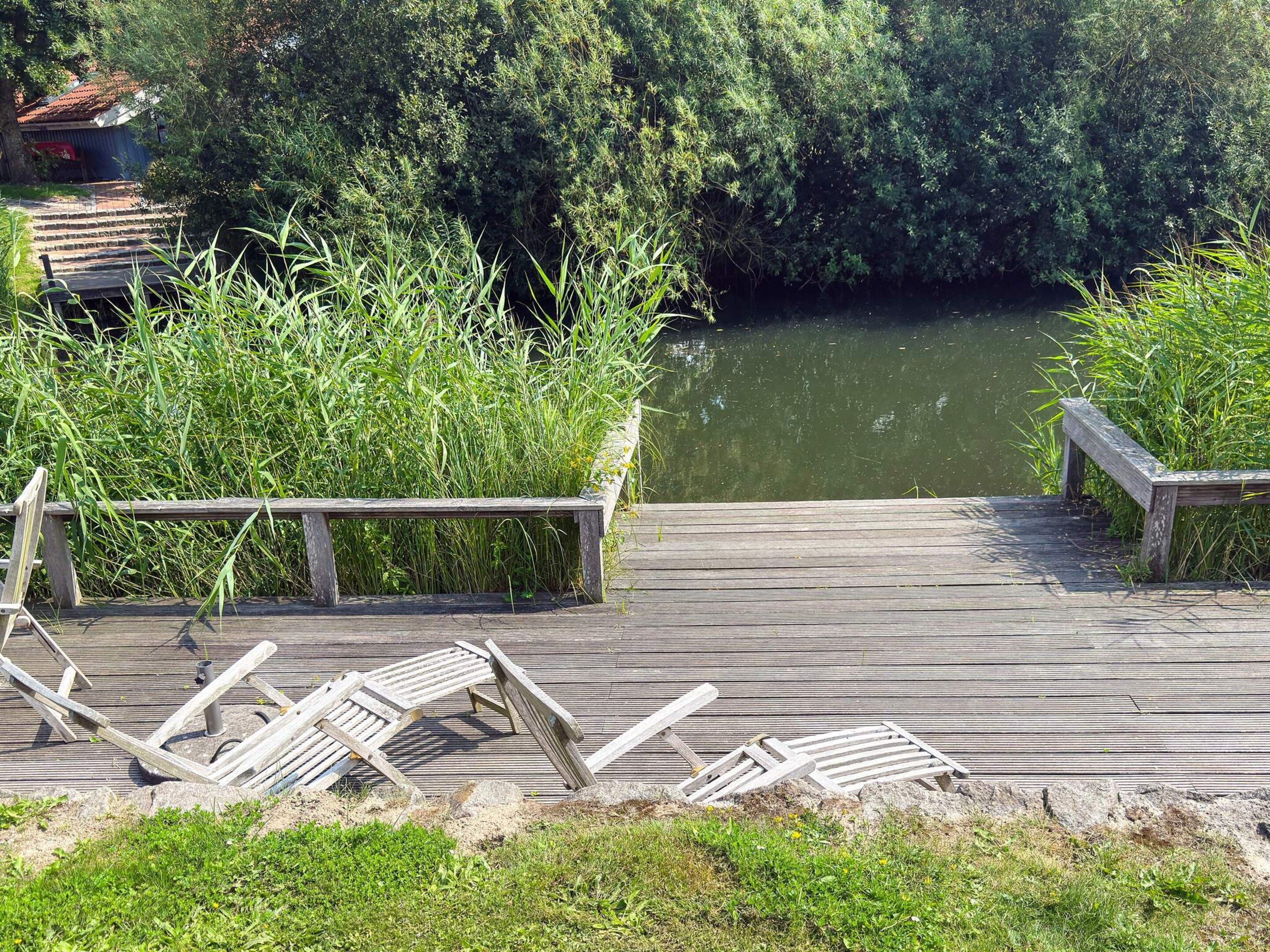 A wooden dock leading to a calm water body, surrounded by lush greenery.