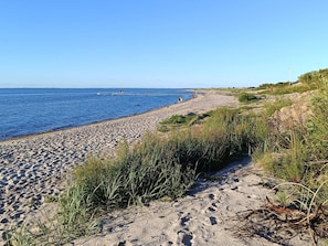 A sandy beach with footprints, a clear blue sky, and a calm sea.