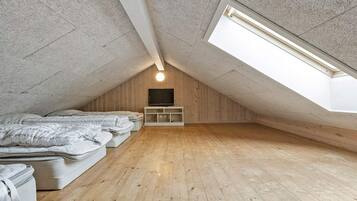 Habitación pequeña con techo inclinado, suelo de madera, una cama, un televisor sobre un mueble de madera y un tragaluz.