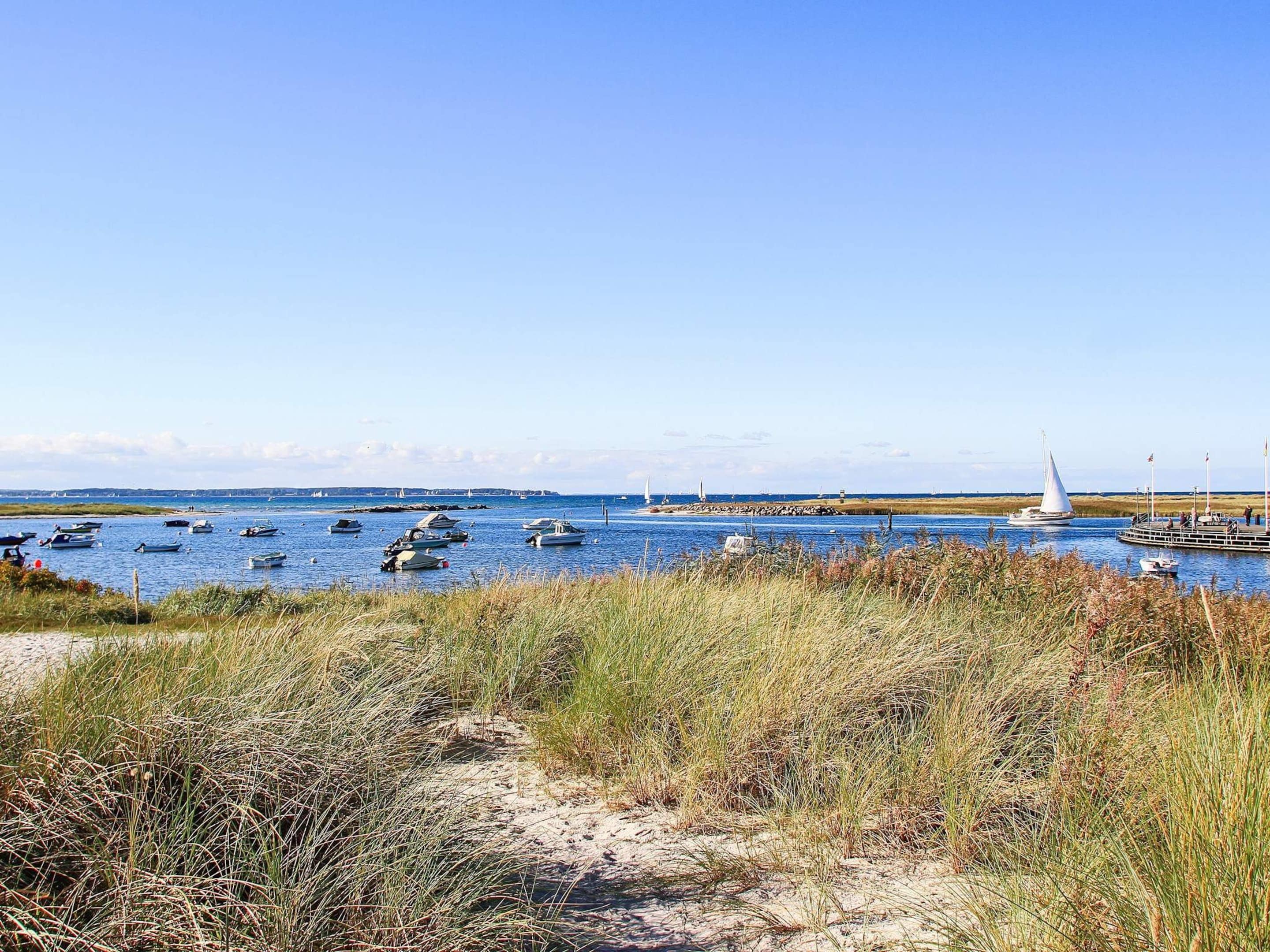 A coastal scene with boats on the water, a pier with people, and a clear sky.