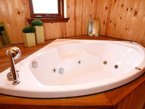 A hot tub in a wooden room with a window, a mirror, and two potted plants. - 4 Star Holiday Home in Hals (Hals)