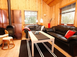 A cozy living room with a fireplace, leather sofa, and a dining table. - 4 Star Holiday Home in Hals (Hals)