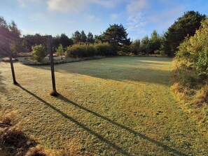 A grassy field with trees in the background.
