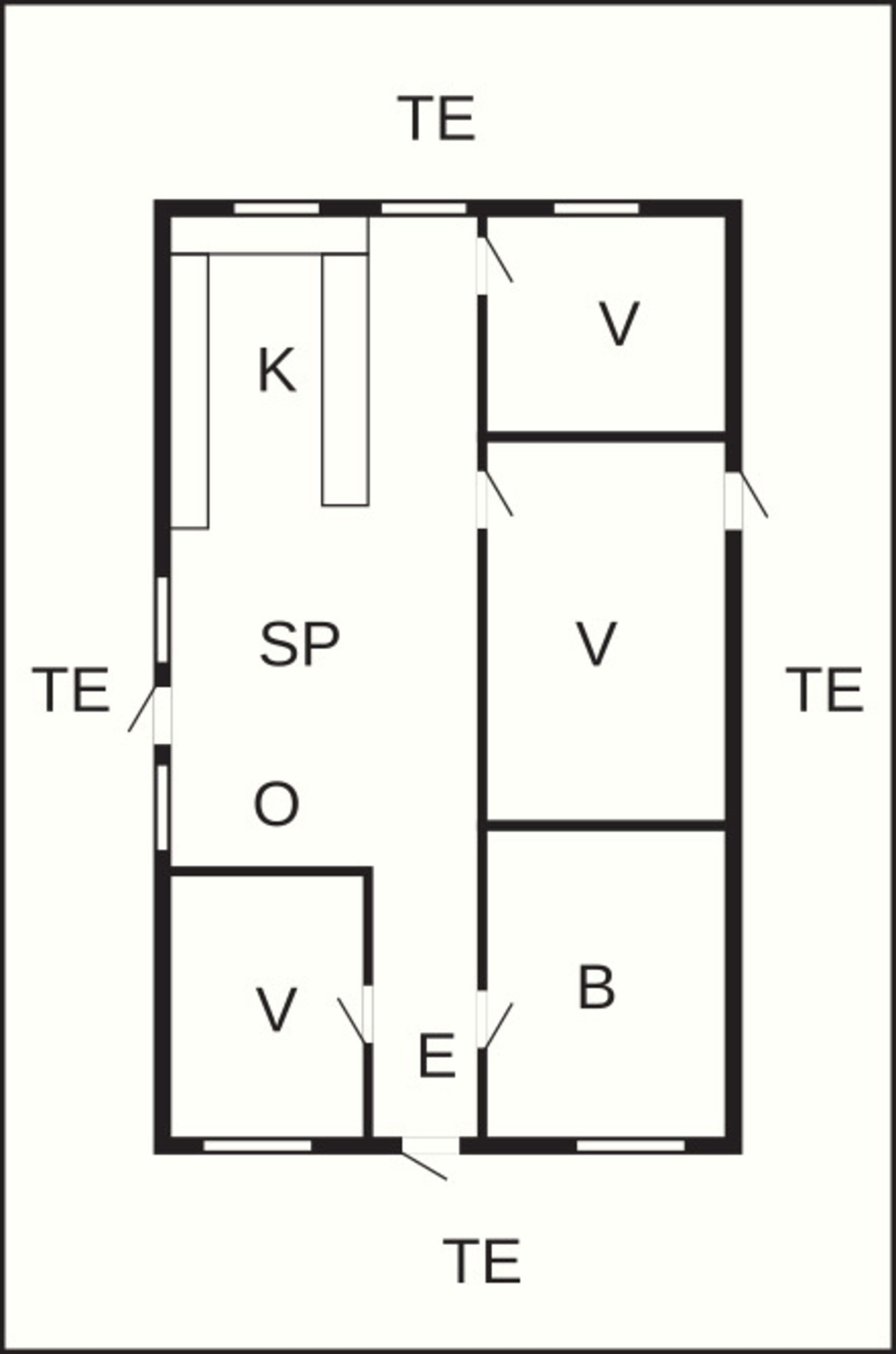 A floor plan with labeled rooms: TE, K, SP, V, O, E, B, and TE.