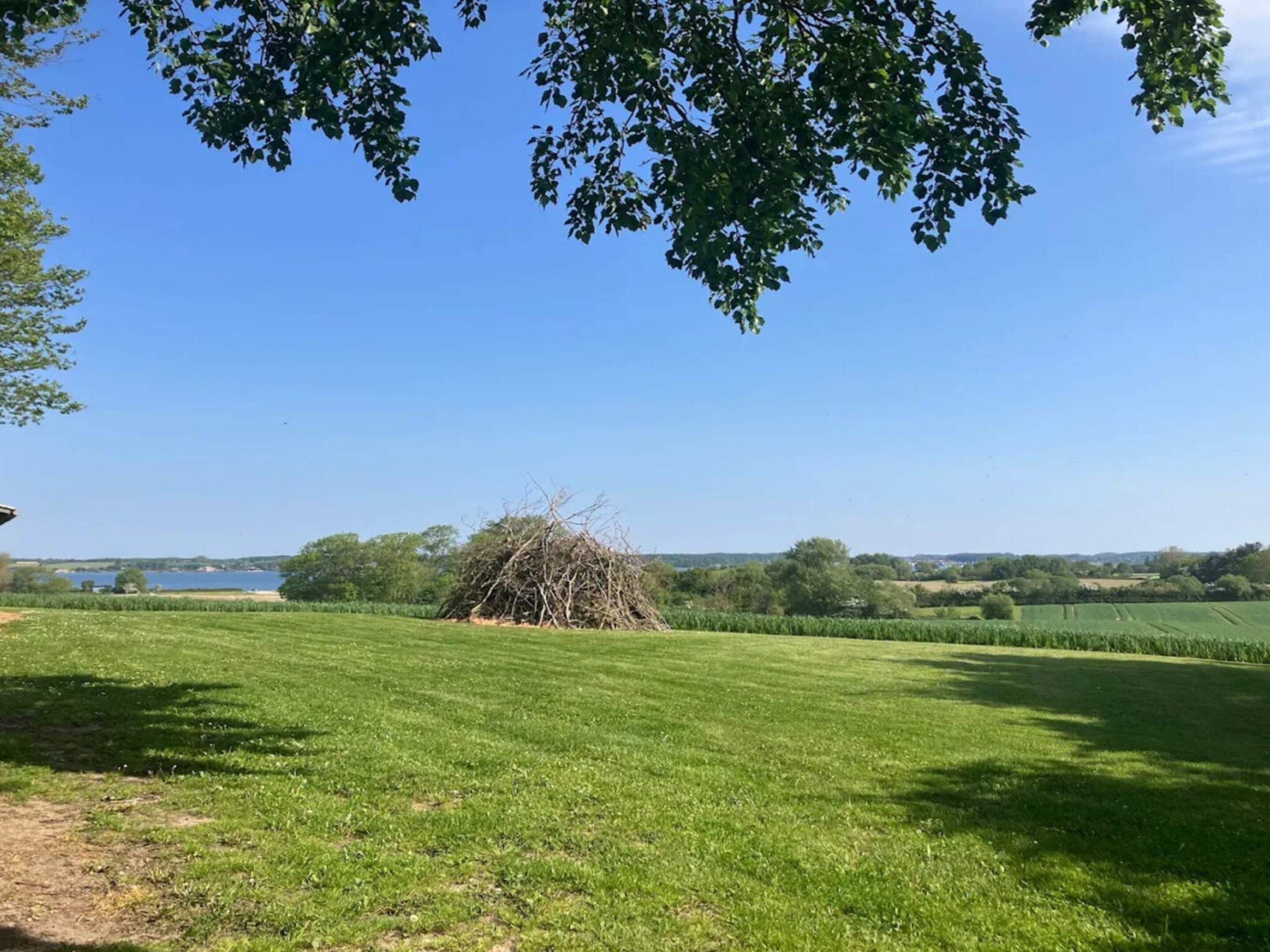 A grassy field with a pile of branches in the center, a clear blue sky, and a distant body of water.