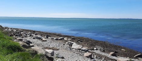 A rocky shoreline with a clear view of the water and distant land.