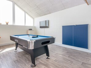 A pool table with cues and balls, a television mounted on the wall, and a blue partition. - 4 Star Holiday Home in Harboore (Harboore)