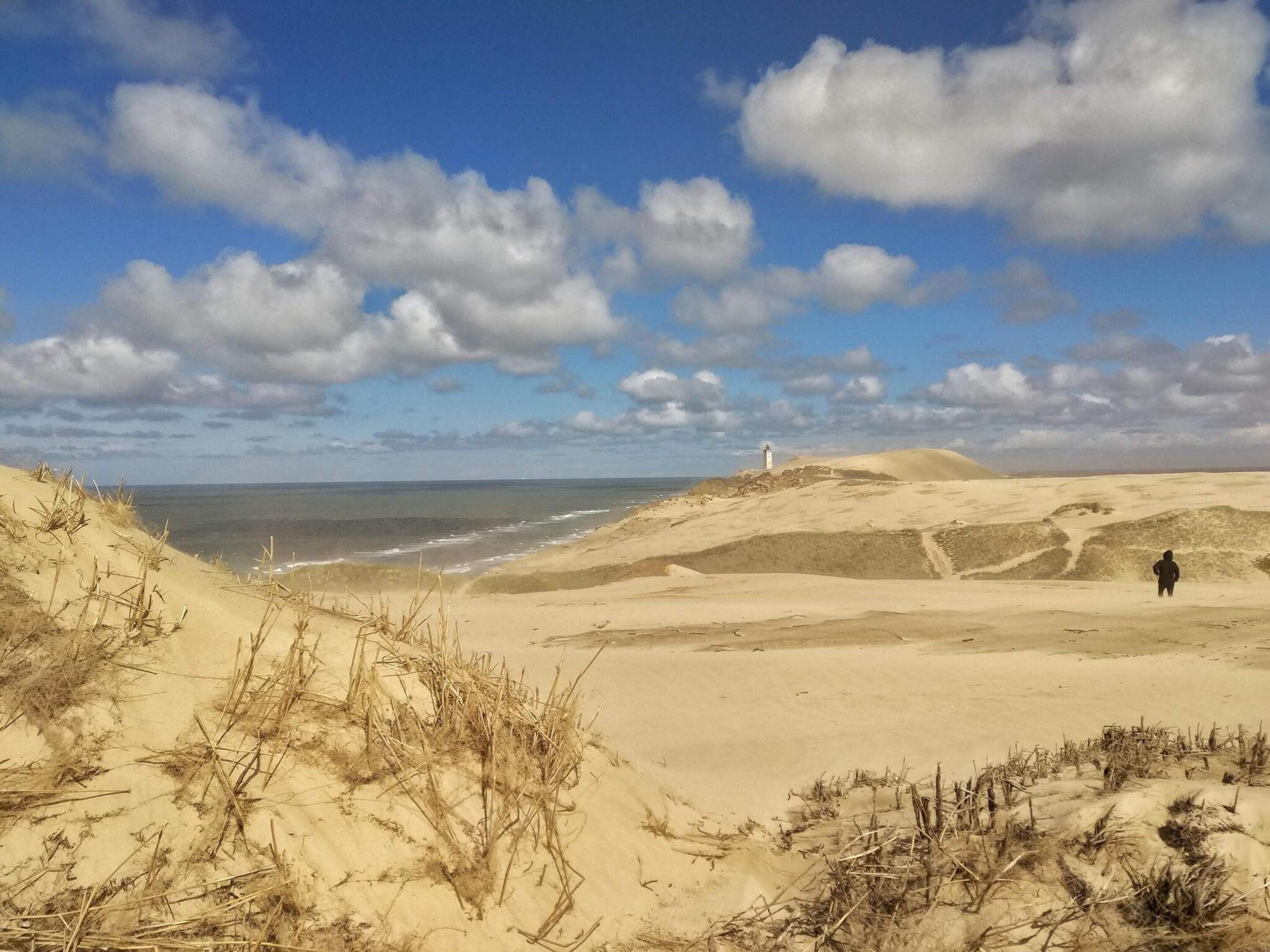 A coastal landscape with dunes, a lighthouse, and a person walking.