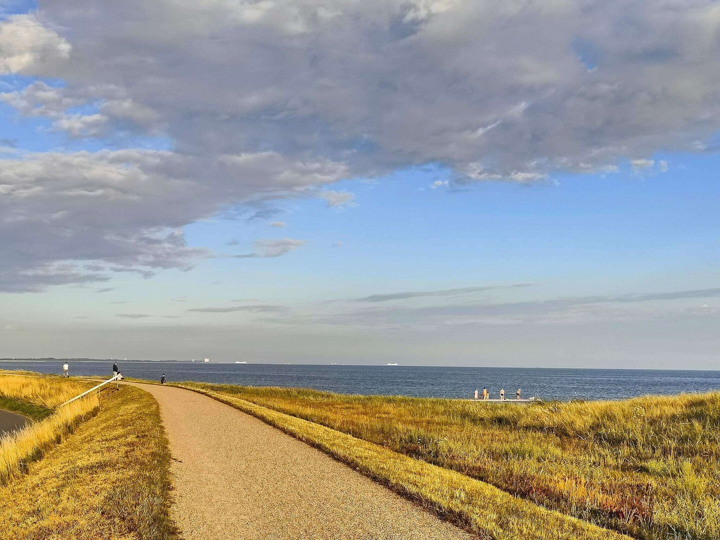 A coastal path with grassy banks and a clear view of the sea.