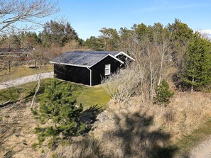 A black metal shed with a corrugated roof, surrounded by trees and grass. - 4 Star Holiday Home in Blokhus (Blokhus)