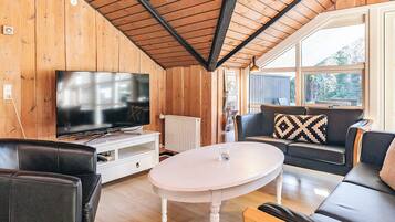 A cozy living room with a wooden ceiling, a flat-screen TV, a white coffee table, and a sofa with patterned cushions.