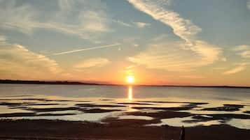 A sunset over a body of water with a person and a dog walking on a path.