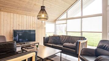 A modern living room with a TV, leather sofas, a coffee table, and a hanging light fixture.