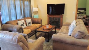 Smart TV, fireplace, books
