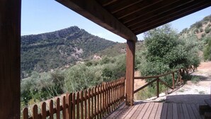 Um deck de madeira com guarda-corpo com vista para uma paisagem montanhosa.