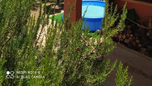 Uma área externa rústica com telhado de azulejos, piscina azul e deck de madeira.