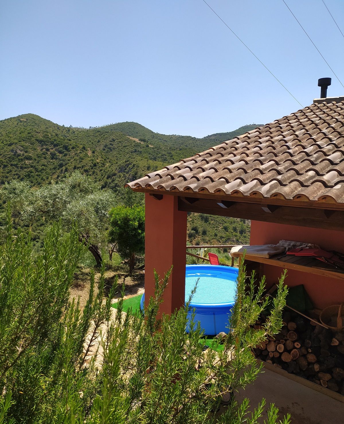 Un espacio exterior rústico con techo de tejas, una piscina azul y una terraza de madera.