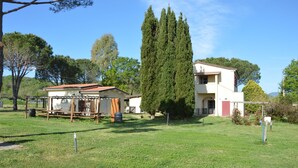 A two-story building with a red door and a large tree in front. - Girasole - Cozy, bright vacation apartment with pool, large garden near the sea (Castiglione della Pescaia)