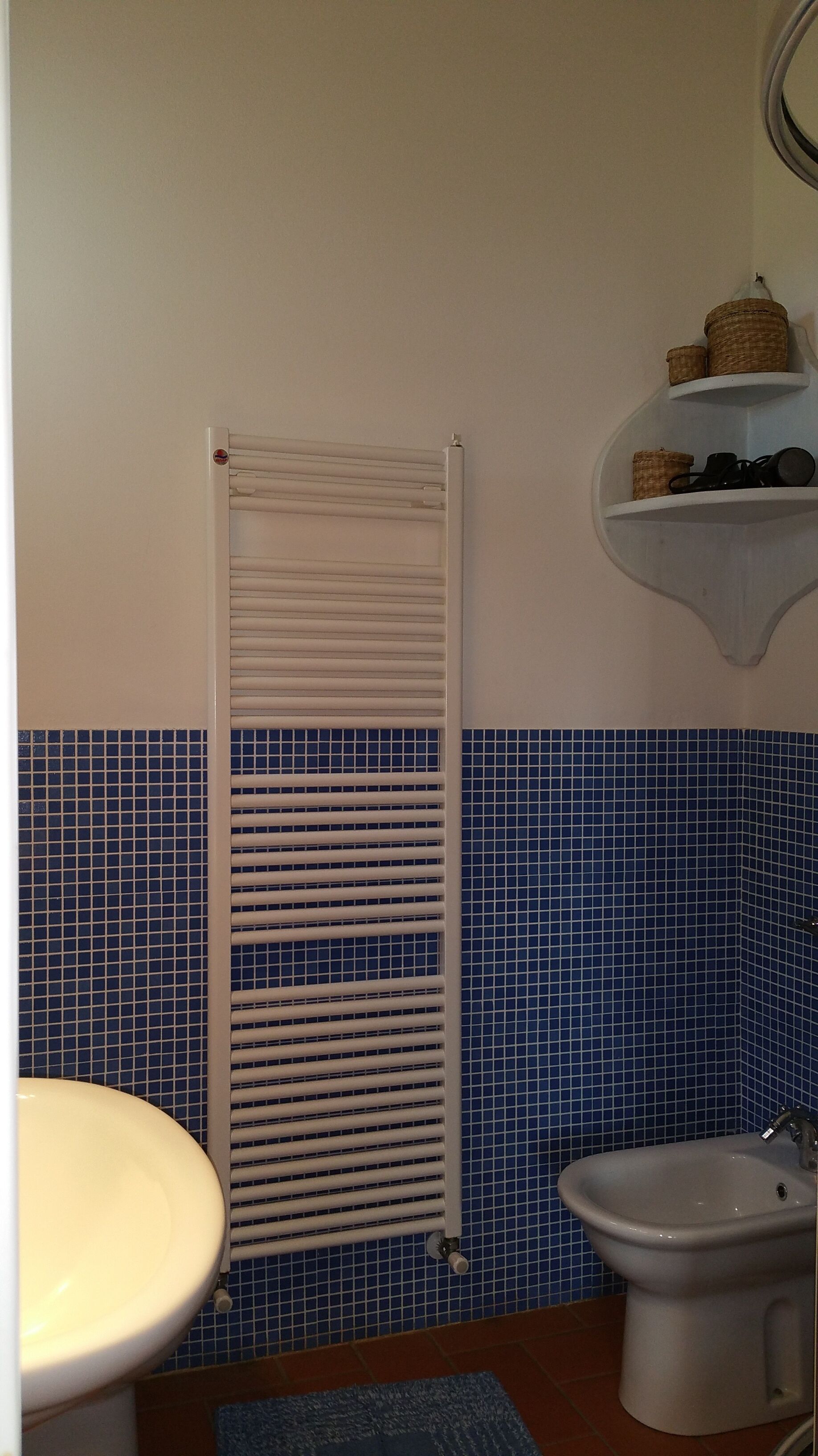 A bathroom with a toilet, bidet, and a towel rack.