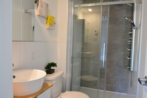 Combined shower/tub, hair dryer, towels, soap