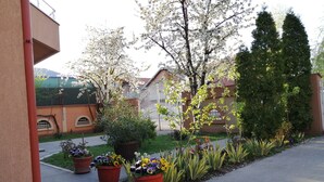 Un patio con macetas, una cerca blanca y un edificio con ventanas de arco.