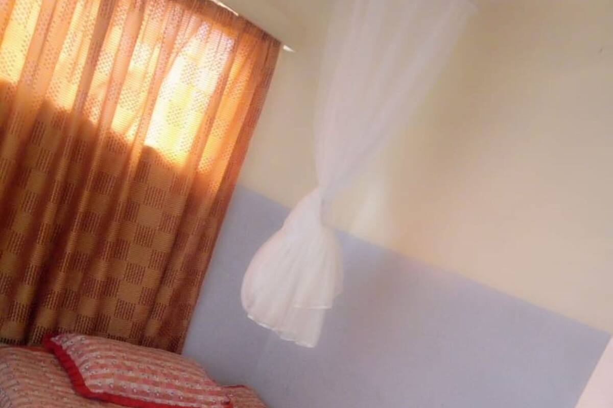 Una cama individual con una colcha estampada, un almohadón rojo y un dosel blanco.