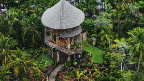 Un bungalow doté d’un toit de chaume, entouré d’une végétation luxuriante et bordé d’un plan d’eau.