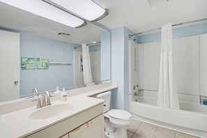 Hair dryer, towels, soap, toilet paper