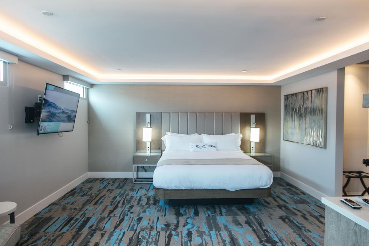 A modern hotel room with a large bed, bedside lamps, a flat-screen TV, and a patterned carpet.