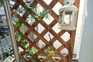 A wooden lattice structure with climbing plants and a white lantern.