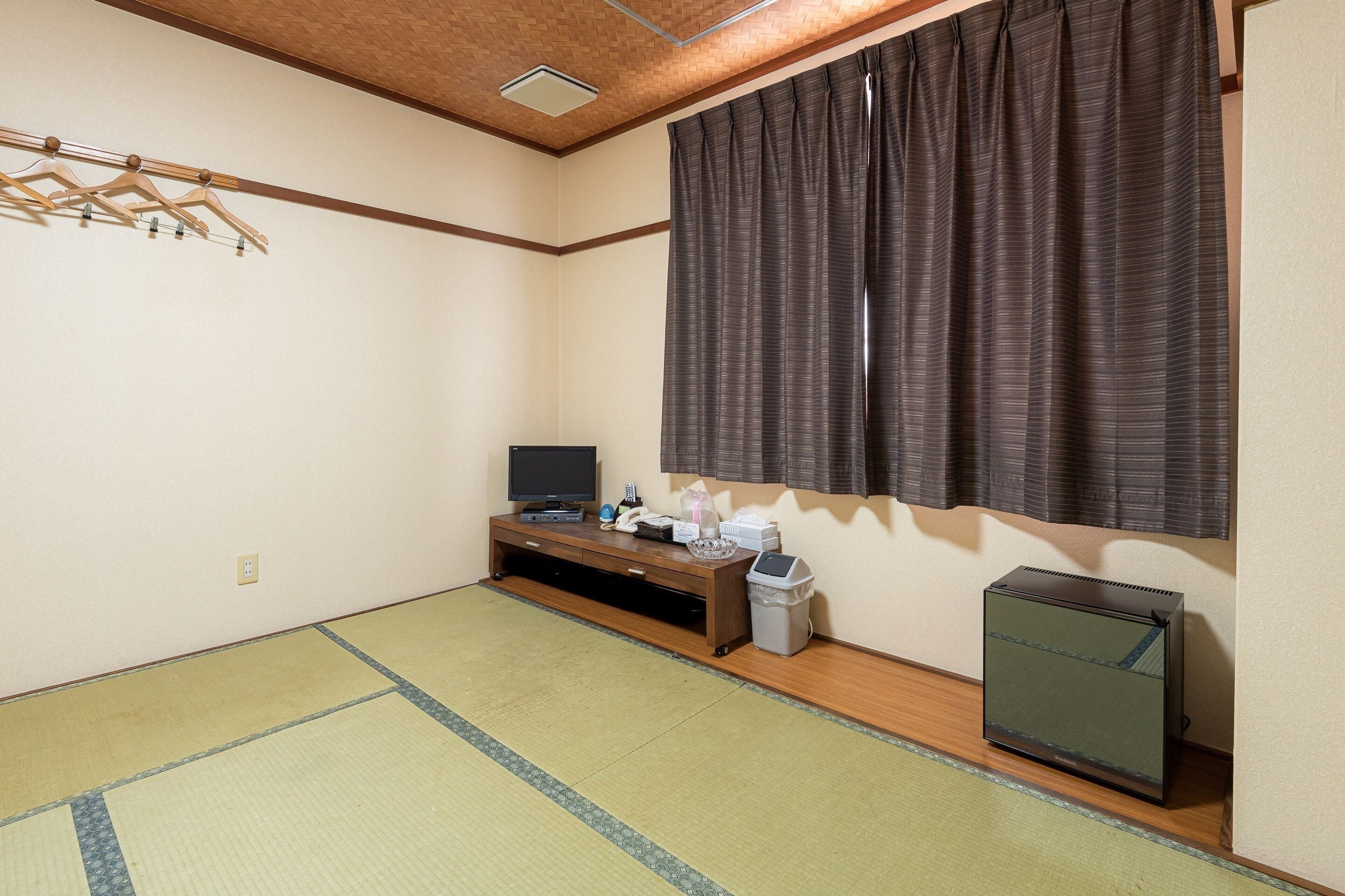 A room with tatami flooring, a wooden entertainment unit with a television, a small trash bin, and a window with dark curtains.