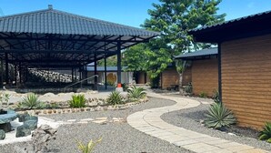 Un espace extérieur abrité, doté d’un mur en pierre, de bancs en bois et de plantes en pot.