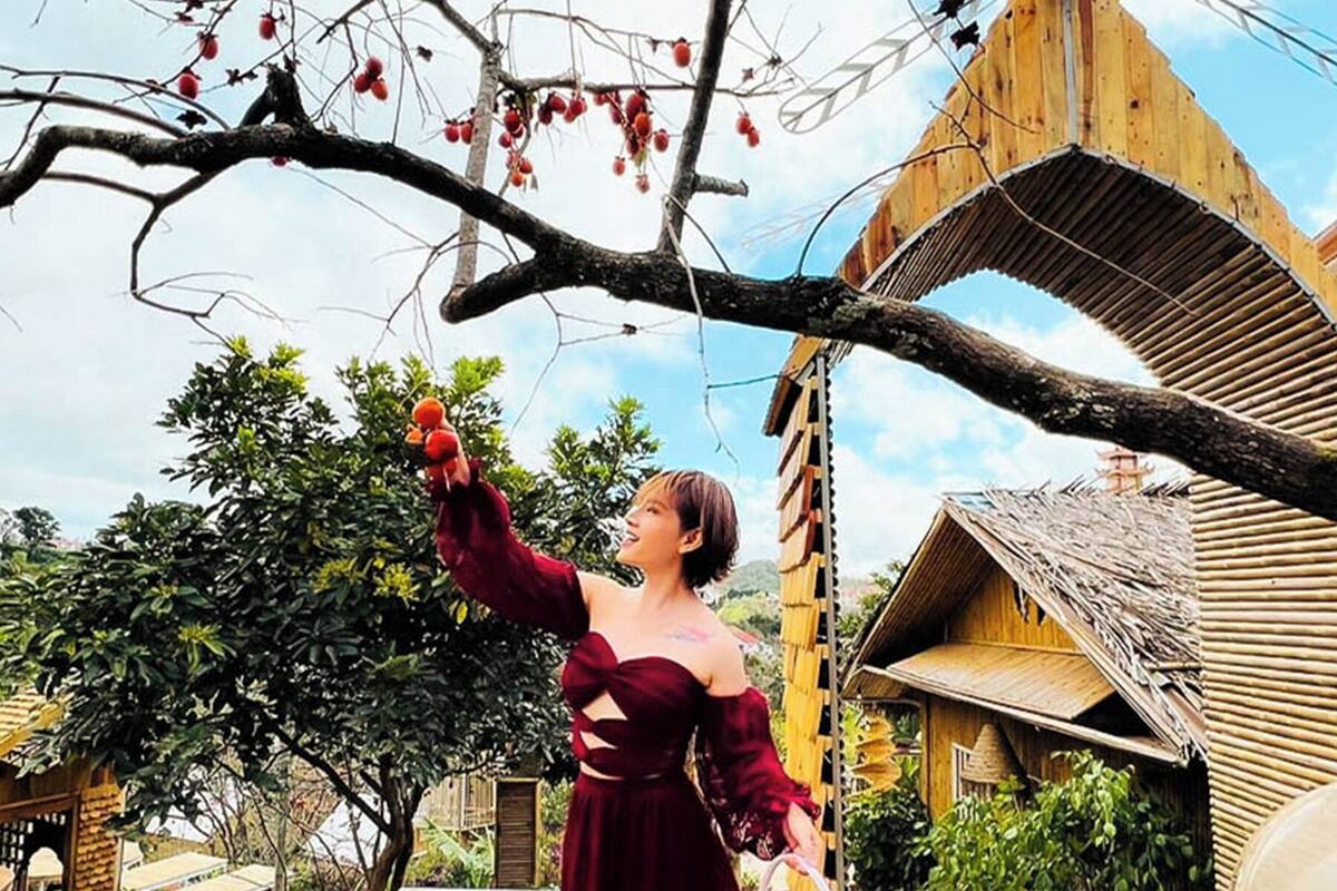 Eine Person in einem langen, dunklen Kleid steht auf einem hölzernen Deck. Im Hintergrund eine traditionelle Holzkonstruktion und ein Baum mit roten Früchten, neben ihr ein Korb voller Obst.