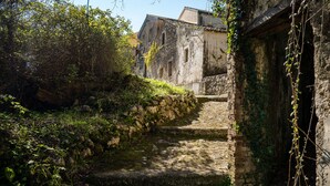 Uma trilha de pedra estreita conduz a um edifício rústico com paredes cobertas de hera.