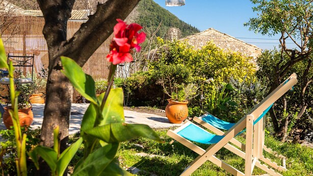 Um jardim com cadeira de madeira e rede, rodeado por plantas em vasos e uma montanha ao fundo.