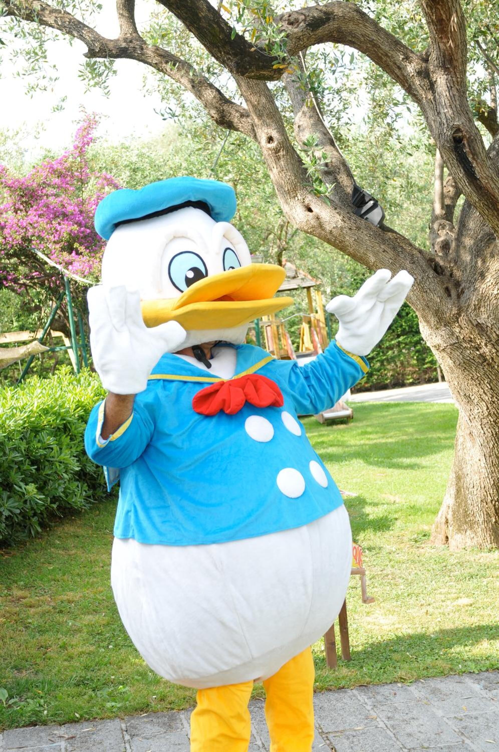 Una persona in un costume da mascotte di grandi dimensioni che si trova in un parco.