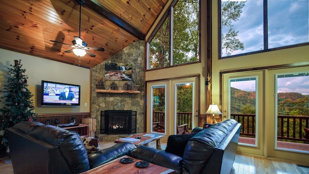 Una sala de estar acogedora con chimenea, asientos de cuero, televisor y vistas panorámicas al exterior.