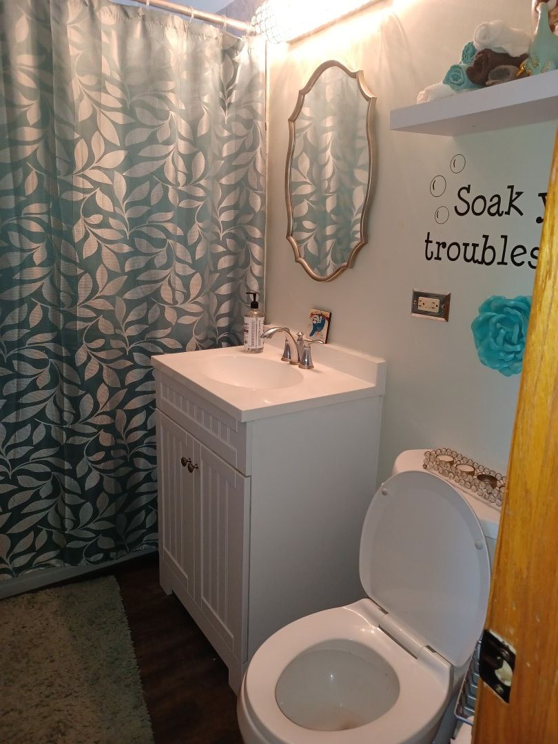 A bathroom with a toilet, a sink, and a shower curtain with a leaf pattern.