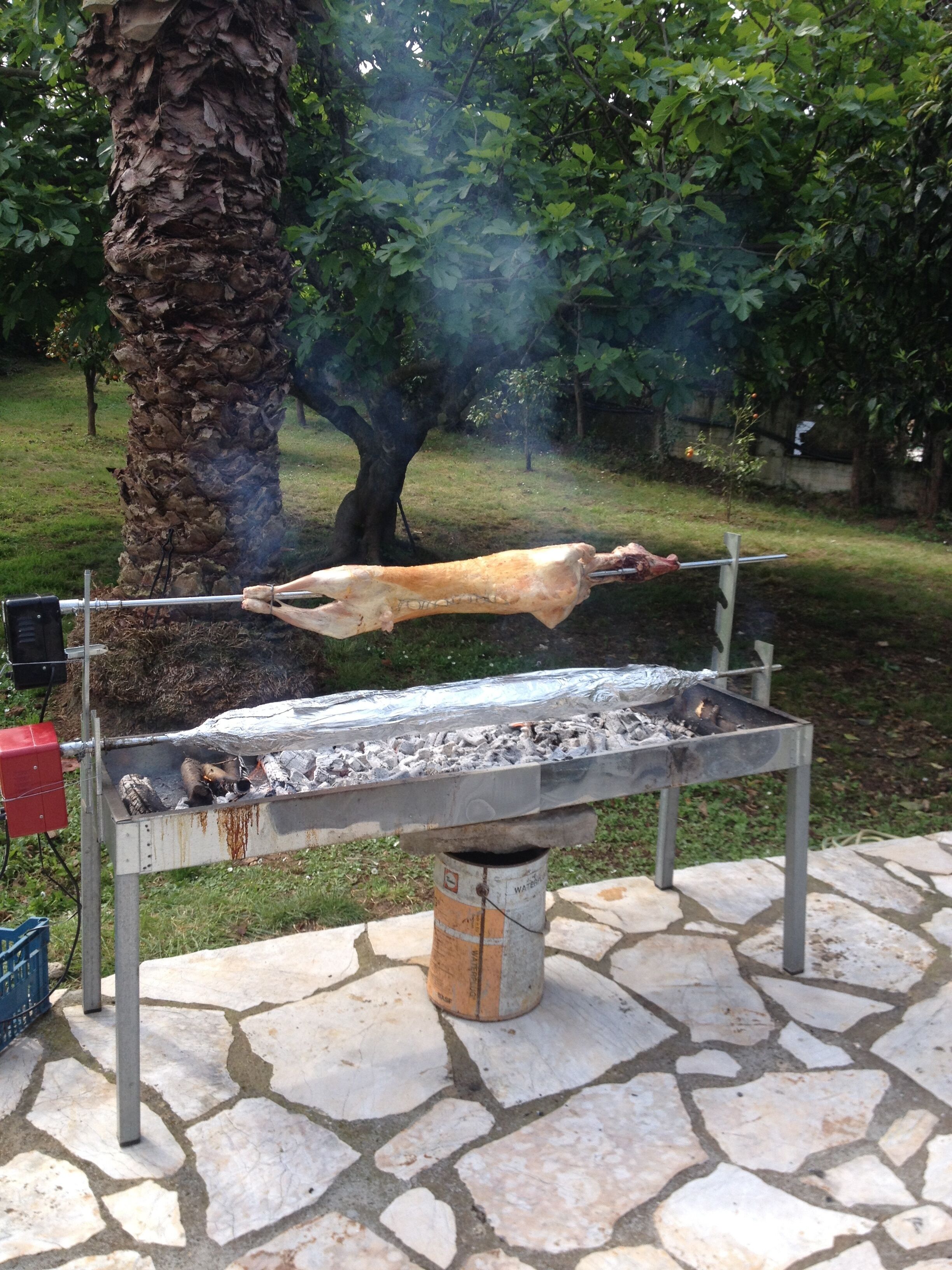 Un aménagement traditionnel pour la cuisson en plein air, avec un cochon entier rôti à la broche au-dessus d’un feu de bois, le tout entouré d’un sol en pierre et de verdure.