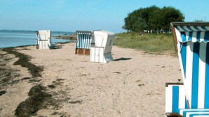 A beach with beach chairs and umbrellas, a clear sky, and a tree in the background. - Holiday Home in Gelting (Gelting)