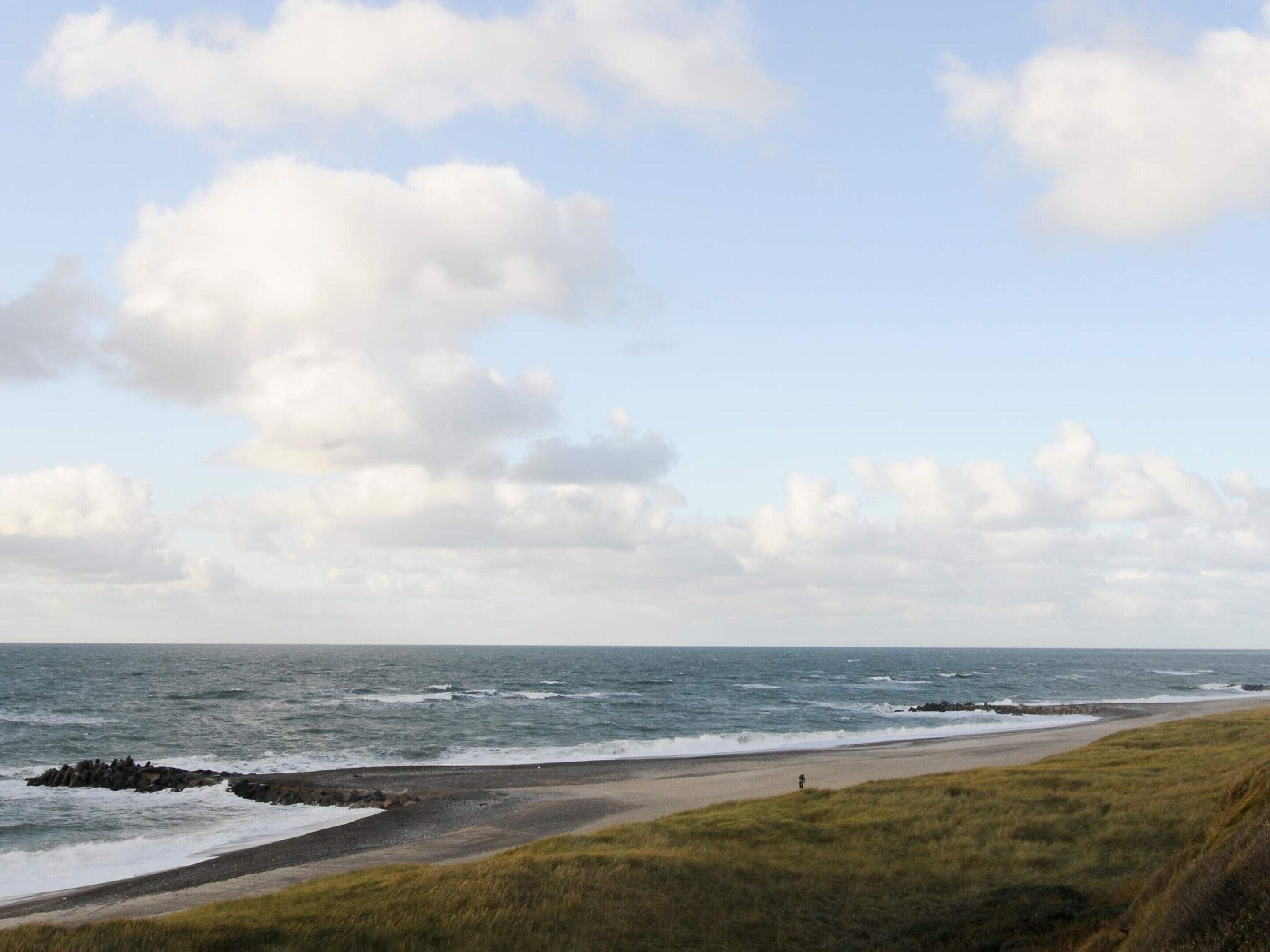 A coastal landscape with a beach, grassy dunes, and a rocky outcrop in the water.