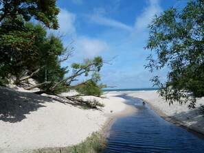A sandy beach with a narrow water channel, surrounded by trees and vegetation. - Splendid Holiday Home in Dronningmolle near Beach (Dronningmolle)