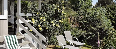A patio area with outdoor seating and a pergola structure.