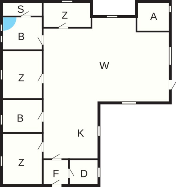 A floor plan with labeled rooms: S, A, B, W, Z, K, F, D. - Luxury Retreat With Spa - By Traum Ferienwohnungen (Hejls)