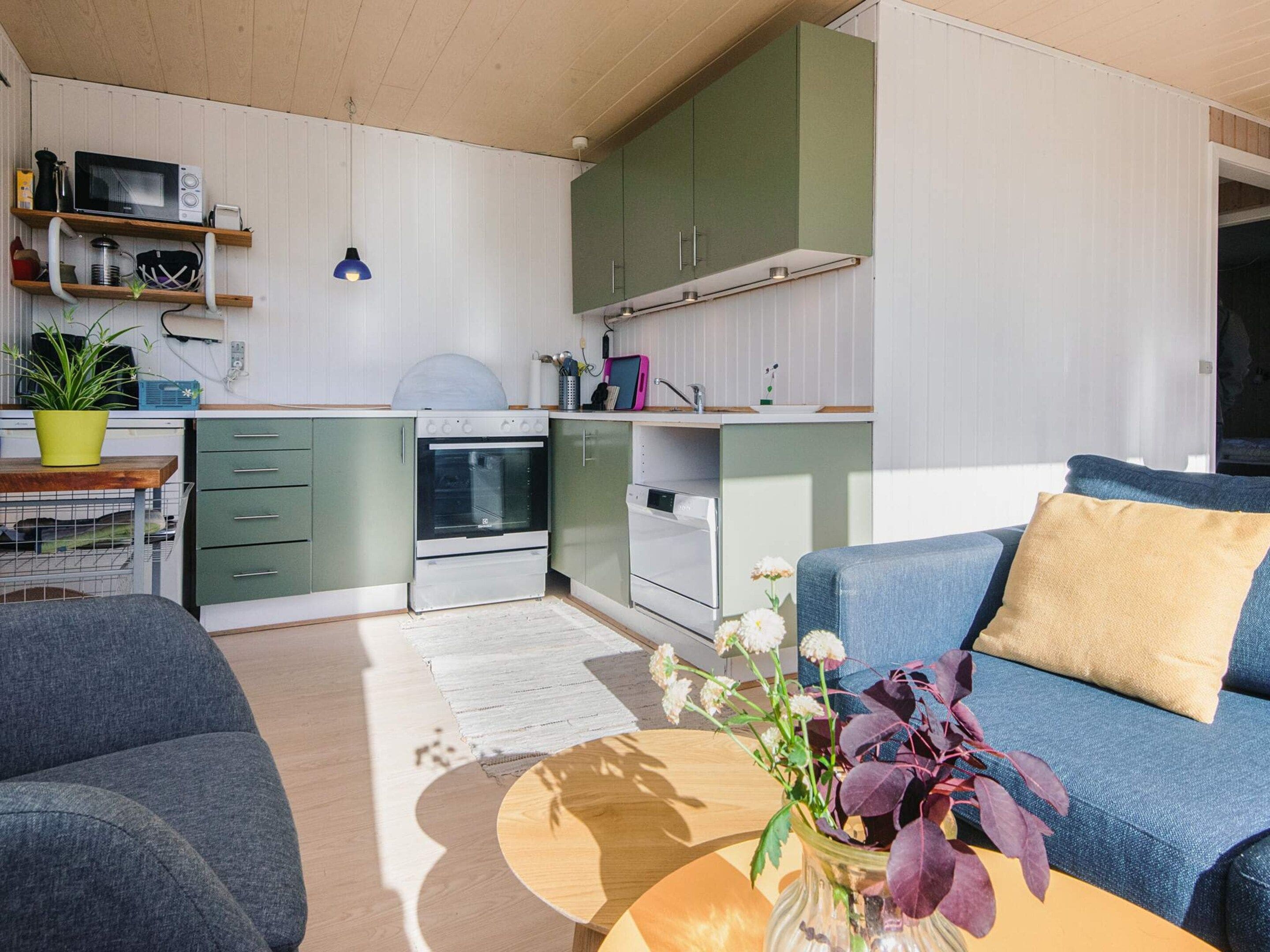 A compact living space with a kitchenette, a sofa, a coffee table, and a potted plant.