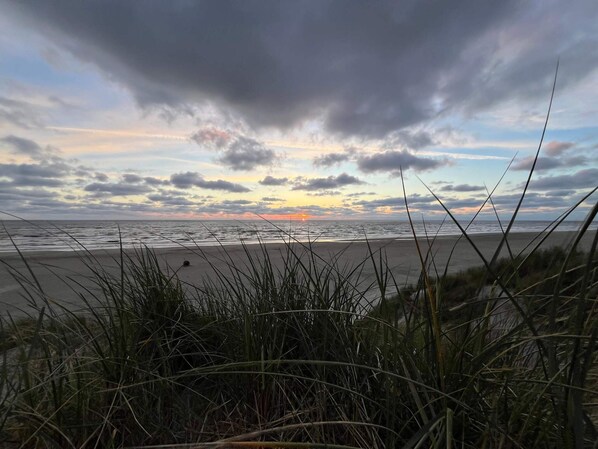 A beach with a sunset, grassy dunes, and a cloudy sky. - 4 Star Holiday Home in Vejers Strand (Vejers Strand)